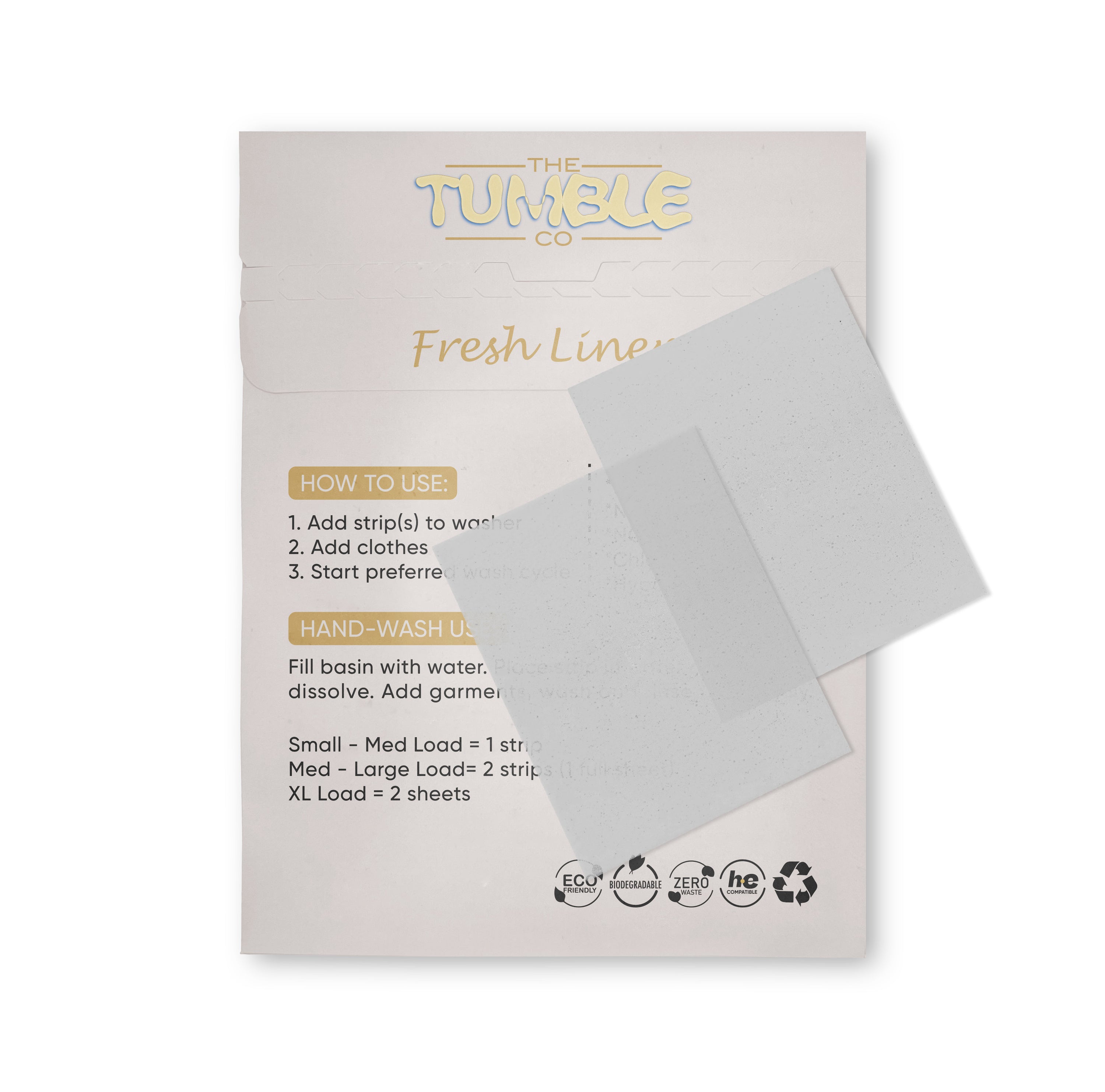 Tumble Fresh Linen strips packaging with instructions on a white background