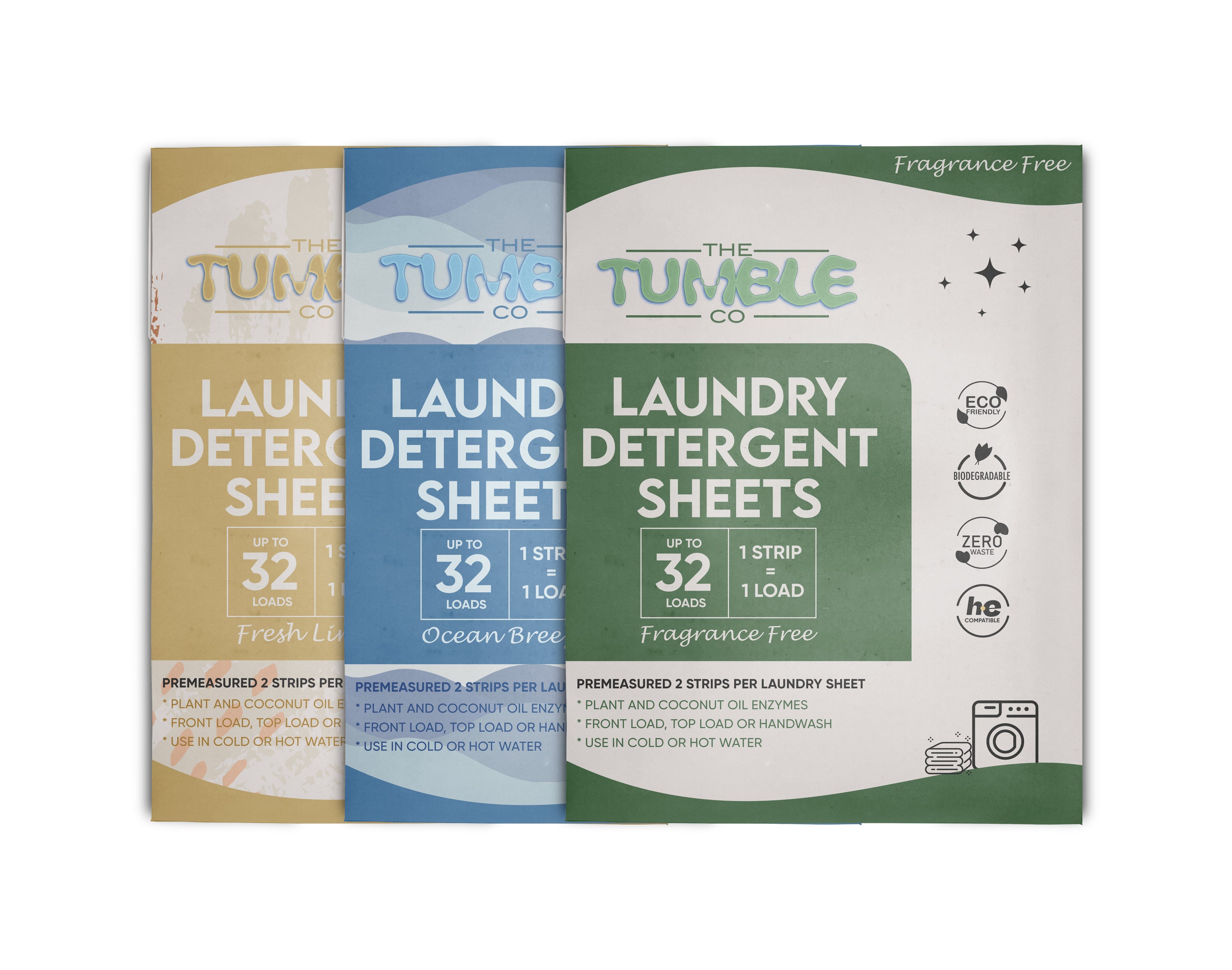 Three packages of The Tumble Co. laundry detergent sheets on a white background