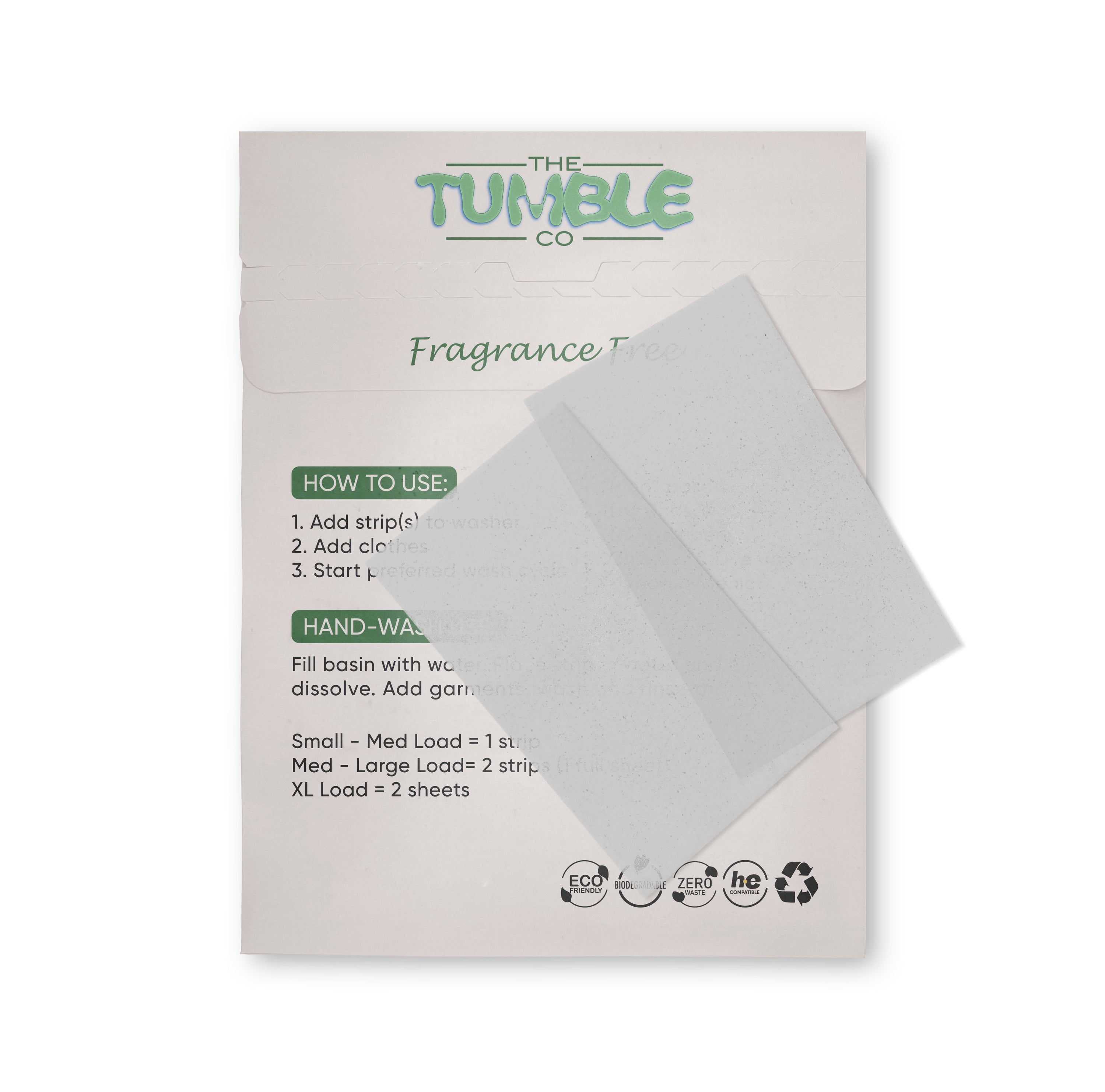 The Tumble Co. fragrance strips packaging with instructions on a white background